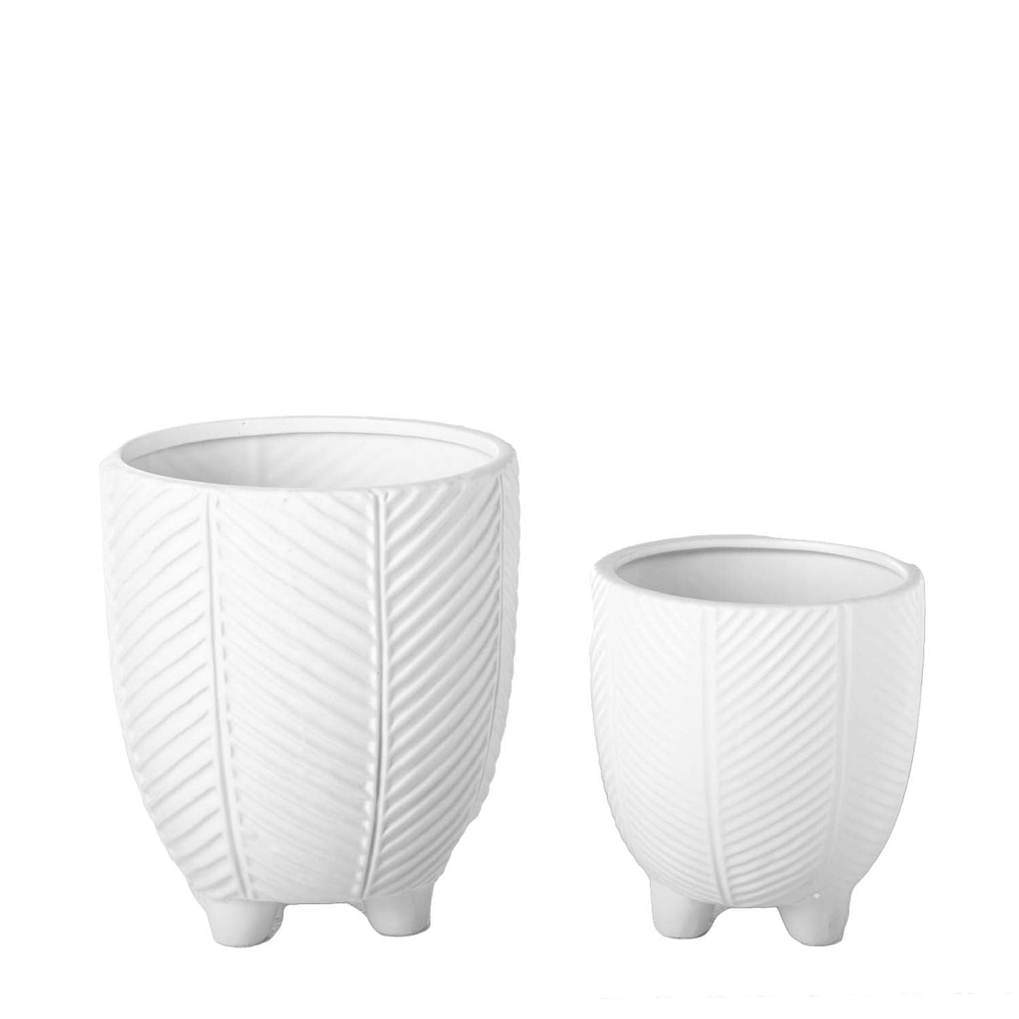 Kavrine Ceramic Round Pot with Embossed Chevron Stripe Design and Stand (Set of 2)