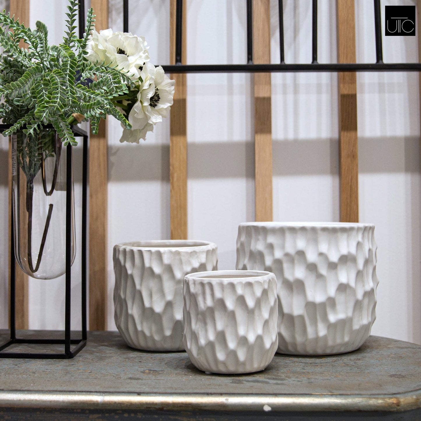 Three ceramic round pots with a matte finish, displayed on a surface with a Scooped design body. The pots are white in color and have a textured exterior.