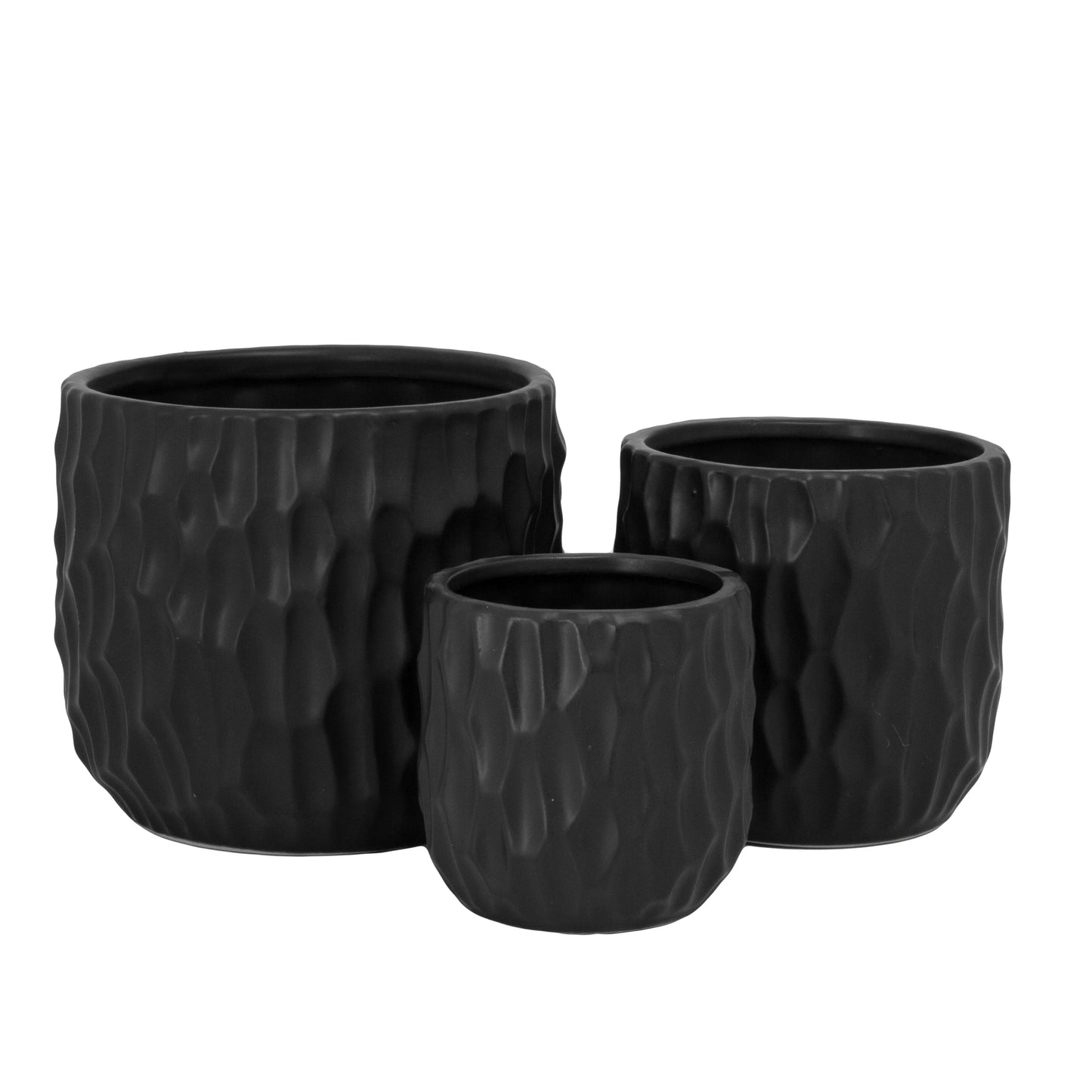 Set of three black textured planters on a white background