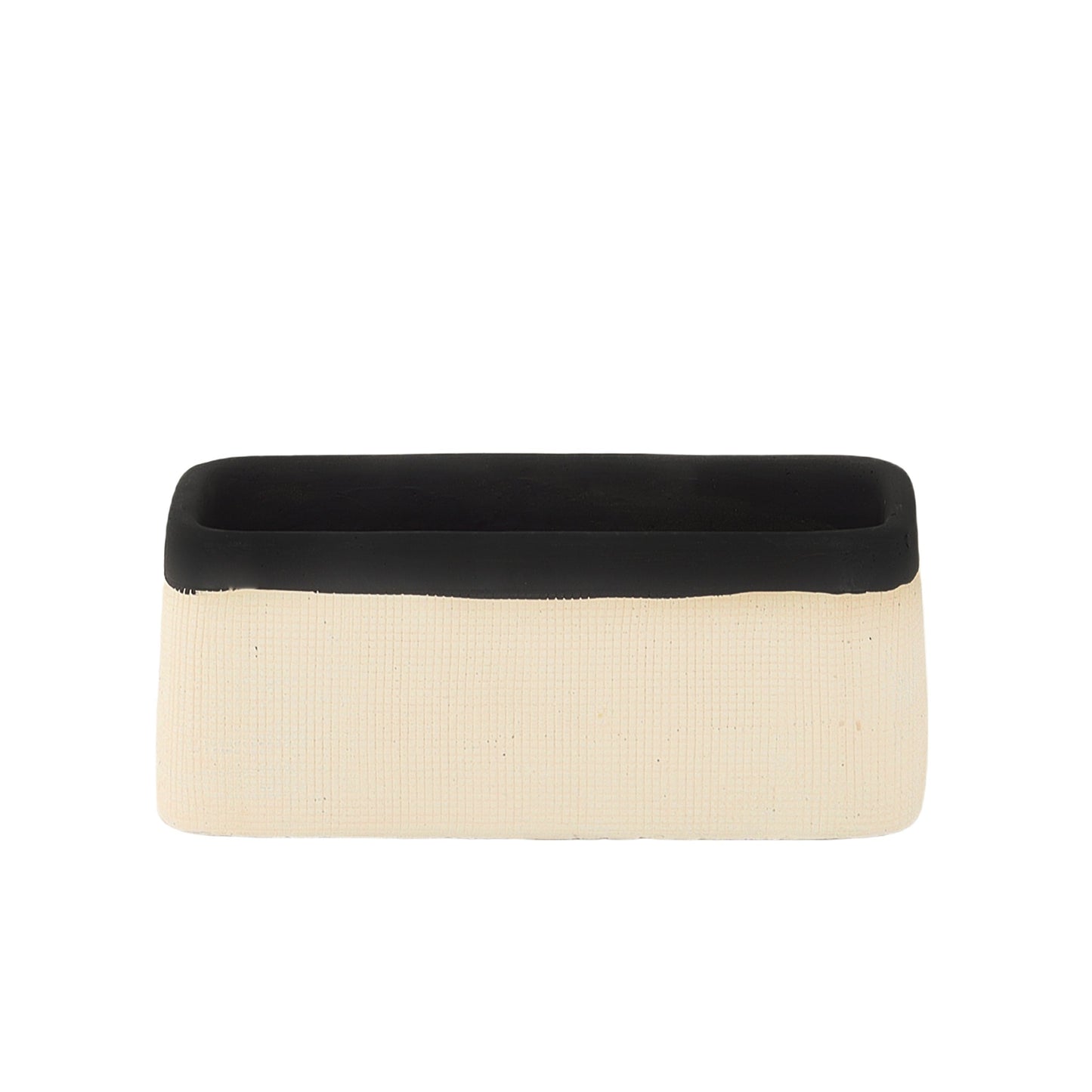 Cement rectangle pot with a smooth banded rim and embossed thin lattice design, featuring a painted finish in white color.