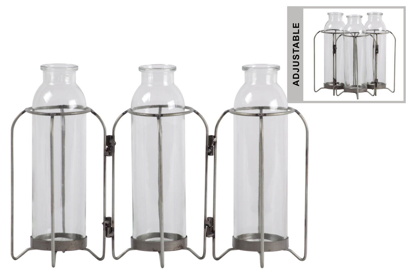 Metal Hinged Vase Holder Distressed Finish Silver..9.00"x3.00"x8.25"H