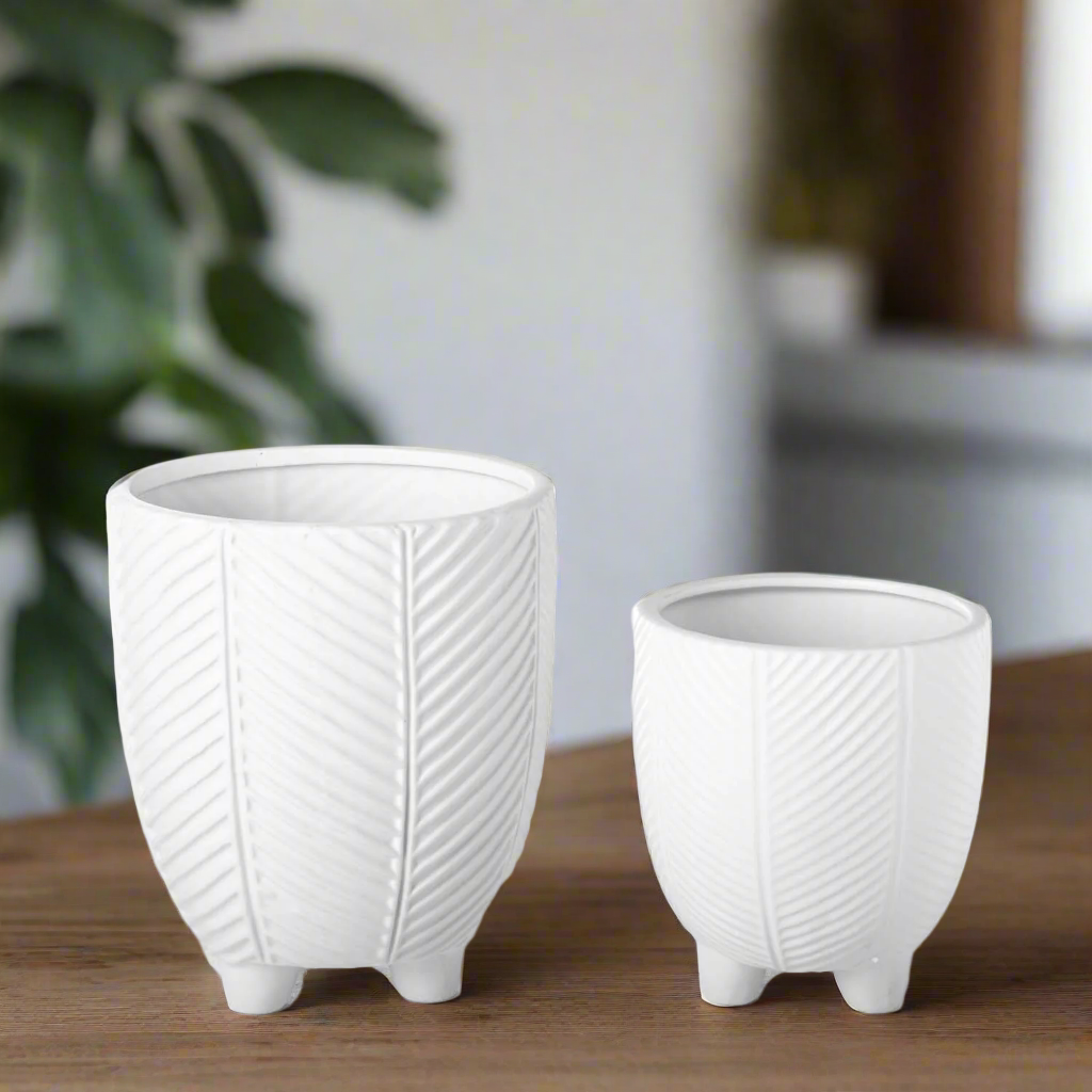 Kavrine Ceramic Round Pot with Embossed Chevron Stripe Design and Stand (Set of 2)