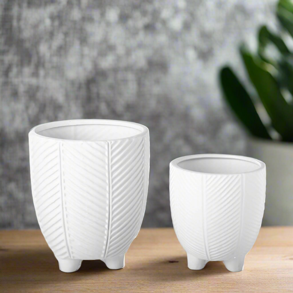 Kavrine Ceramic Round Pot with Embossed Chevron Stripe Design and Stand (Set of 2)
