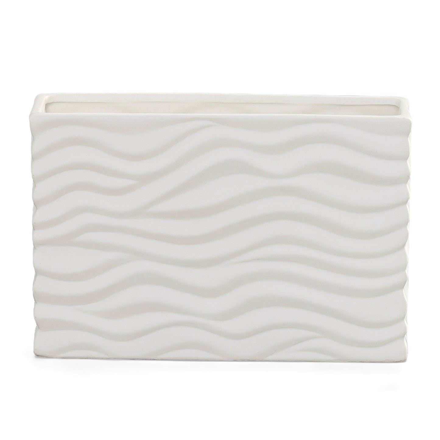 A ceramic wide rectangle vase with a matte finish and embossed wavy pattern design in white color.
