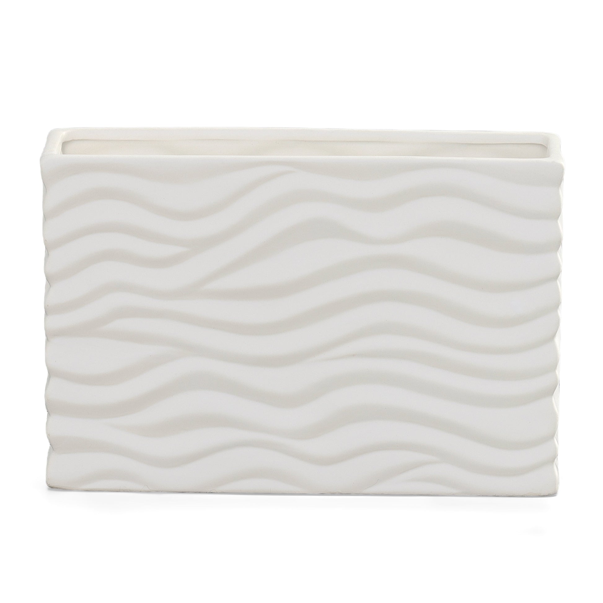 A ceramic wide rectangle vase with a matte finish and embossed wavy pattern design in white color.