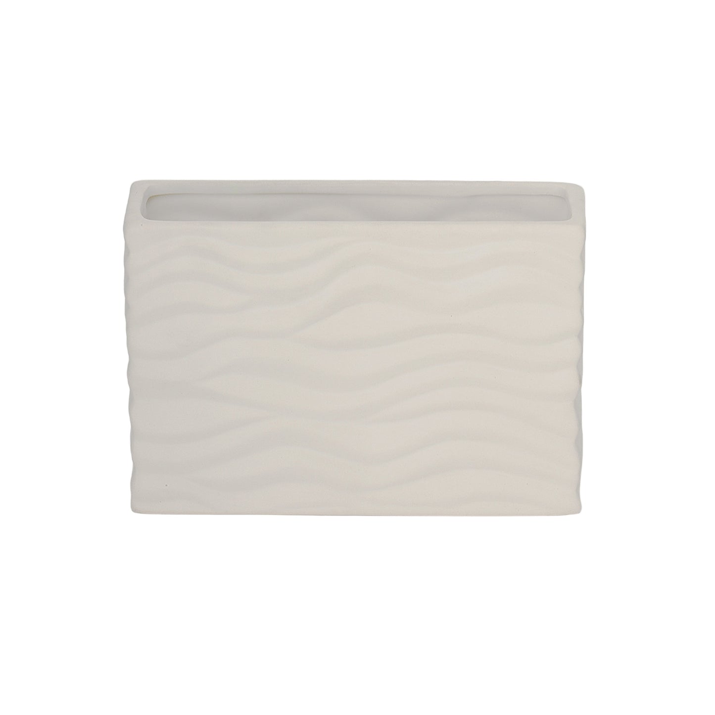 A ceramic wide rectangle vase with a matte finish and embossed wavy pattern design in white color.