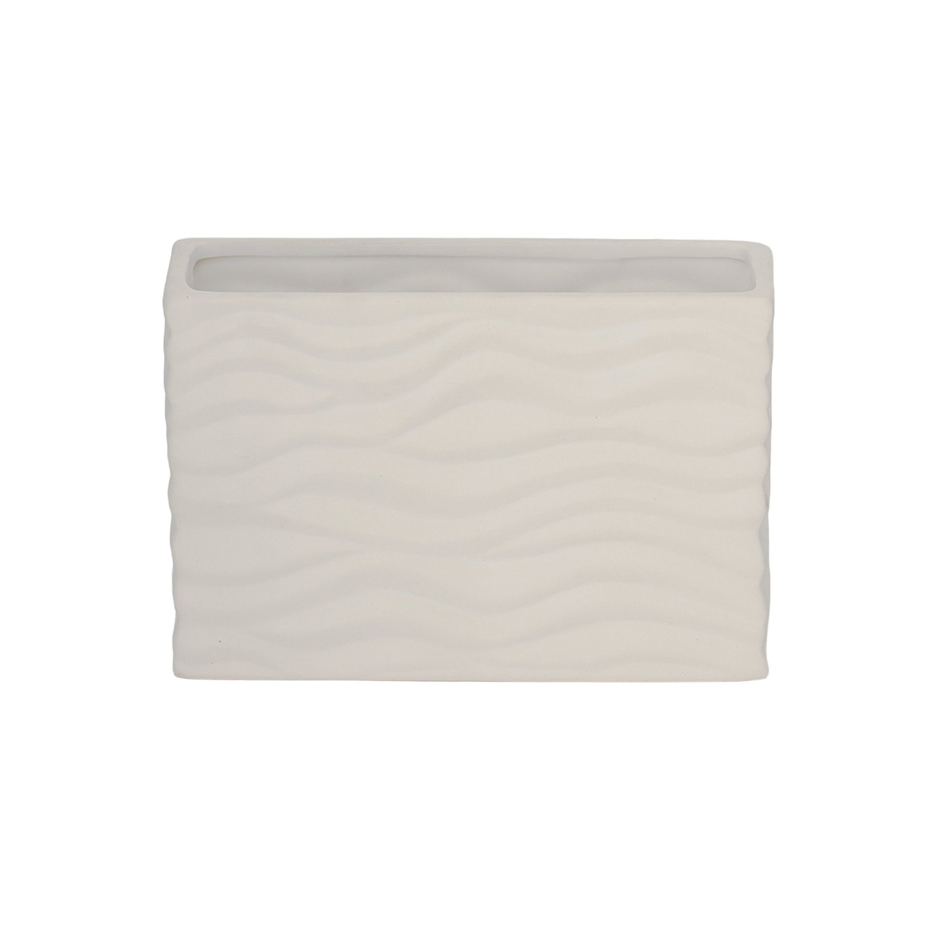 A ceramic wide rectangle vase with a matte finish and embossed wavy pattern design in white color.