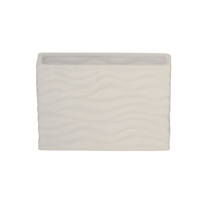 A ceramic wide rectangle vase with a matte finish and embossed wavy pattern design in white color.