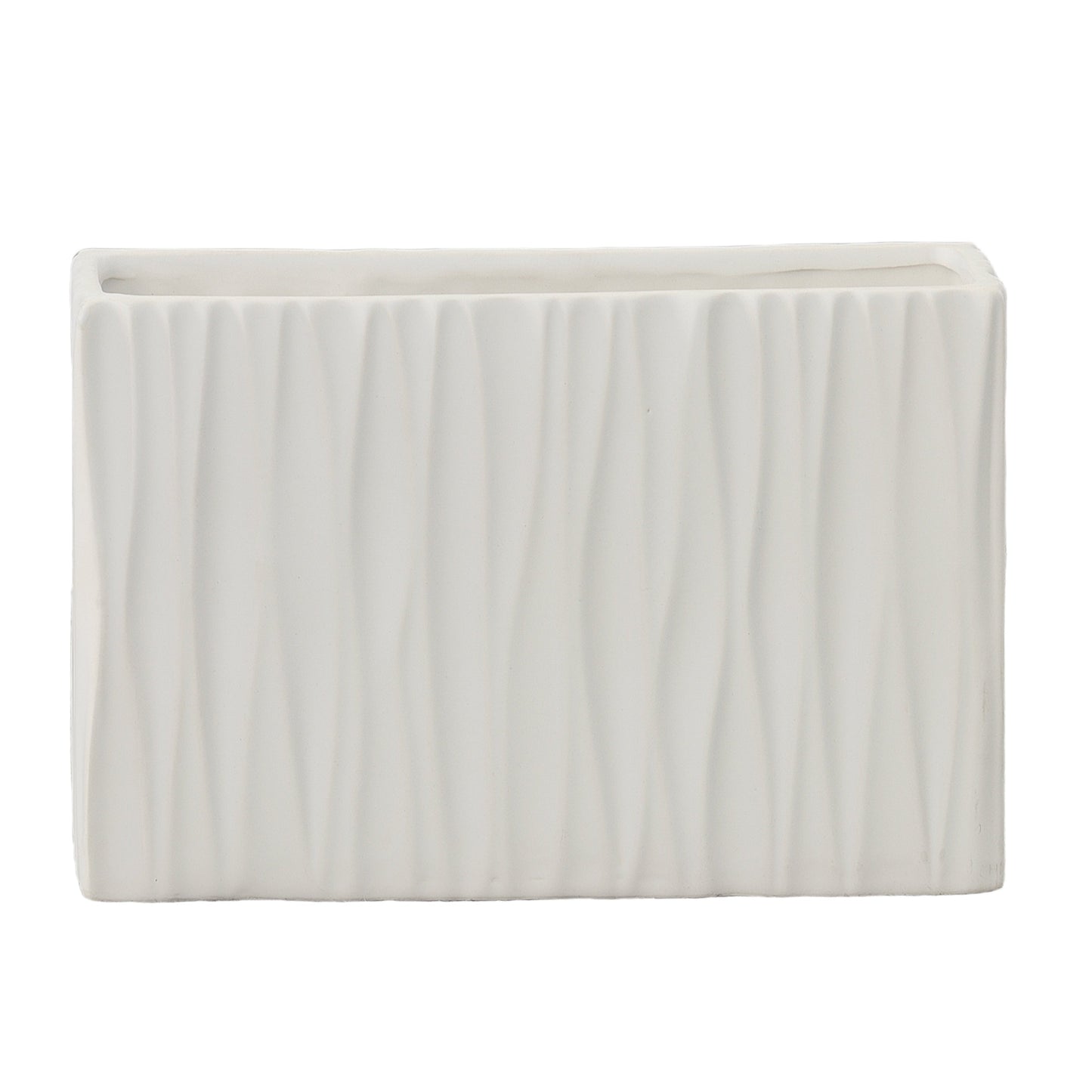 A ceramic wide rectangle vase with a matte finish and embossed wavy pattern design in white color.