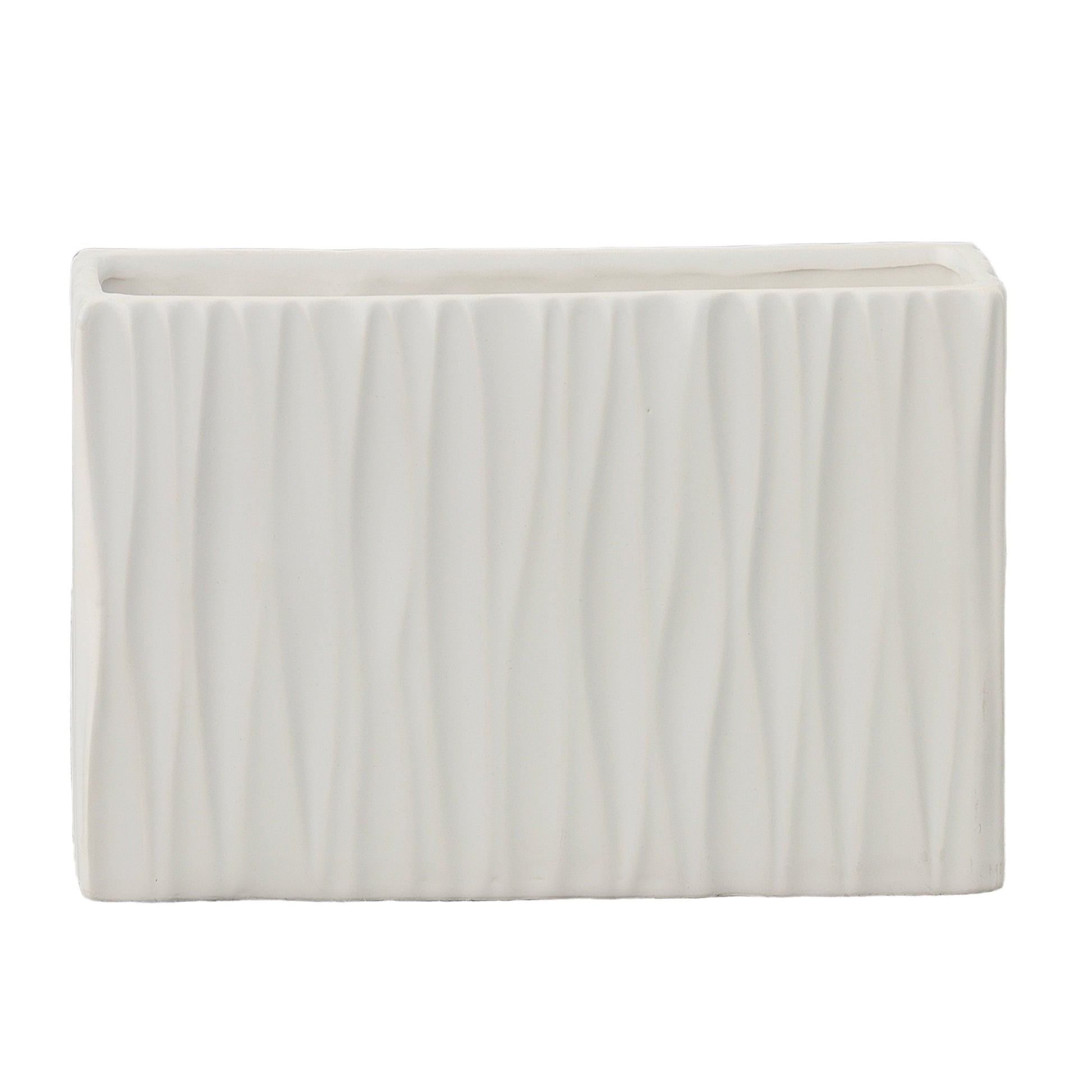 A ceramic wide rectangle vase with a matte finish and embossed wavy pattern design in white color.
