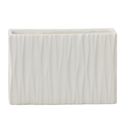 A ceramic wide rectangle vase with a matte finish and embossed wavy pattern design in white color.