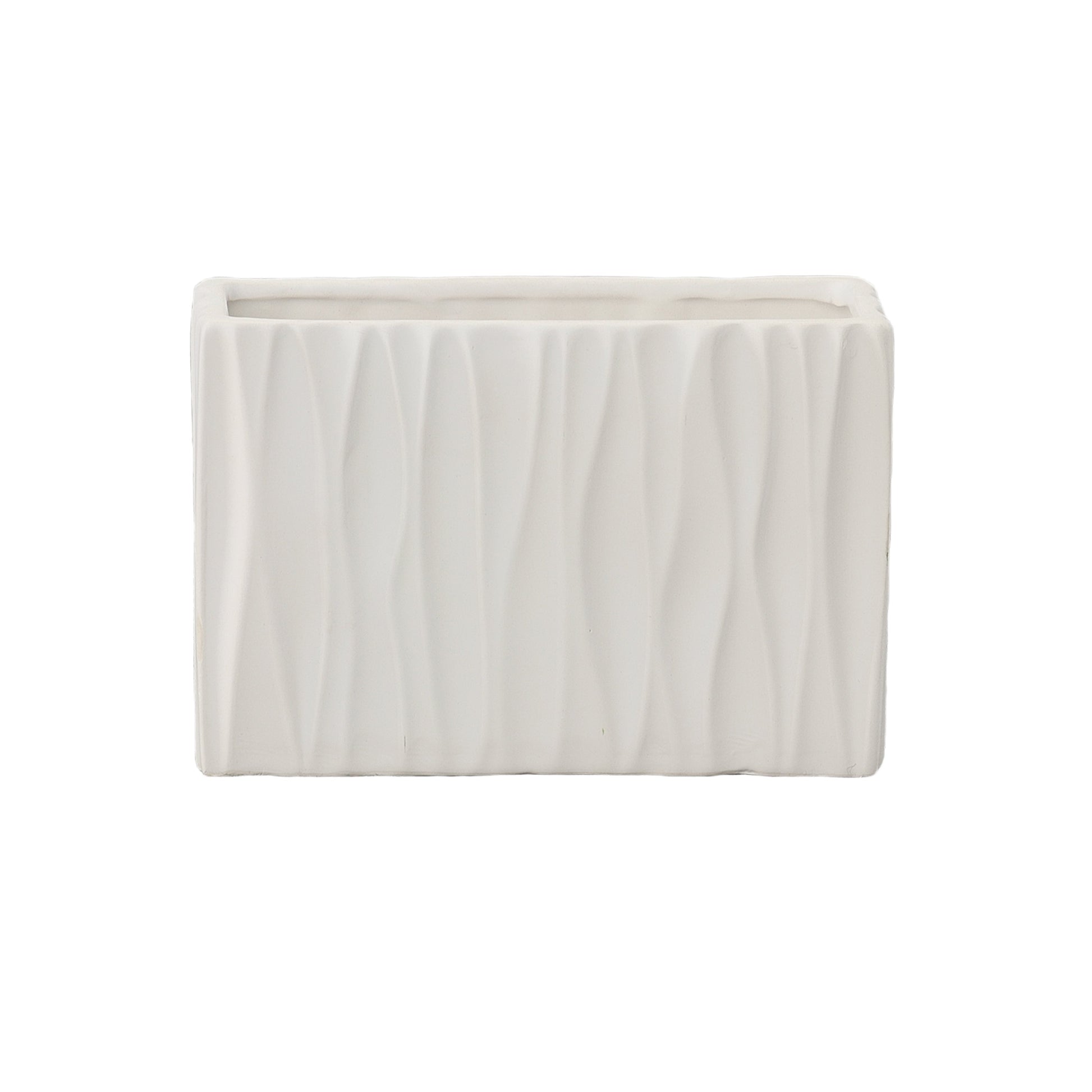 A ceramic wide rectangle vase with a matte finish and embossed wavy pattern design in white color.