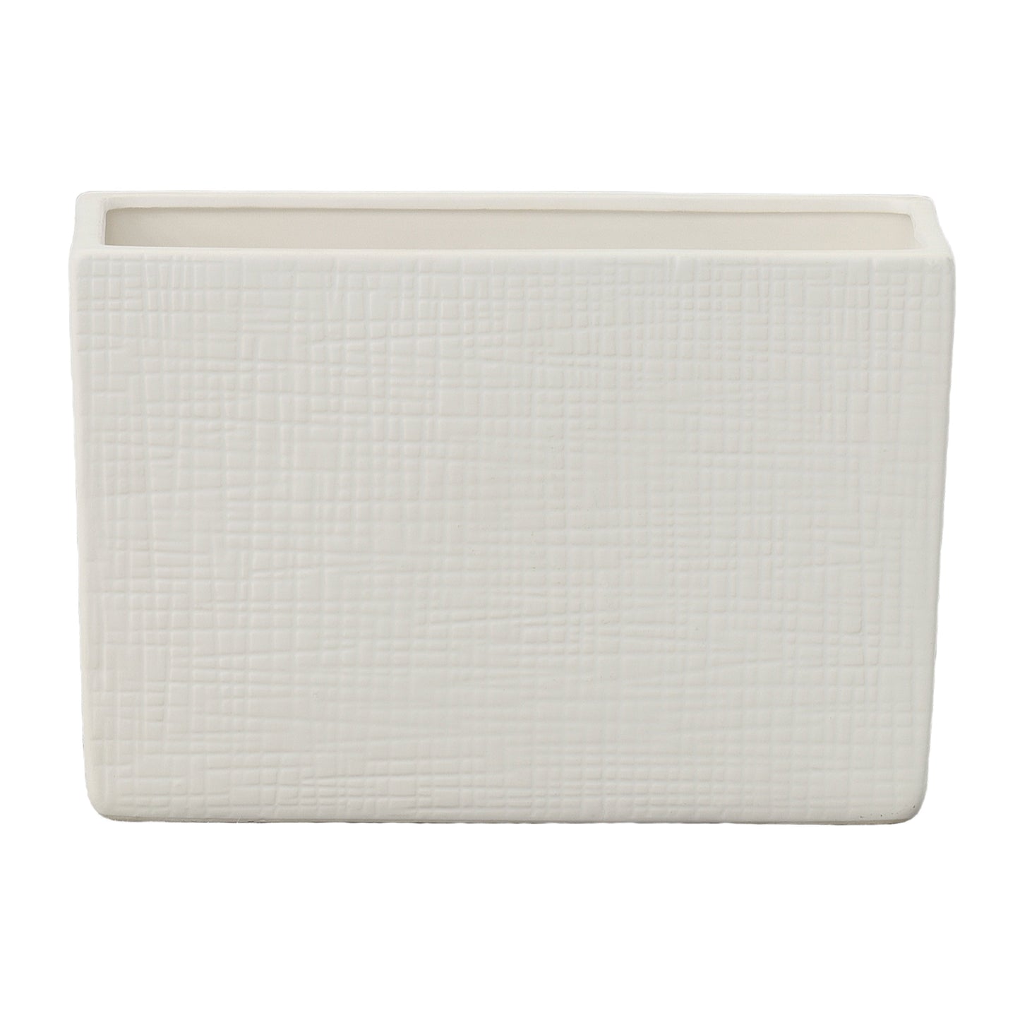 A ceramic wide rectangle vase with a matte finish and embossed wavy pattern design in white color.