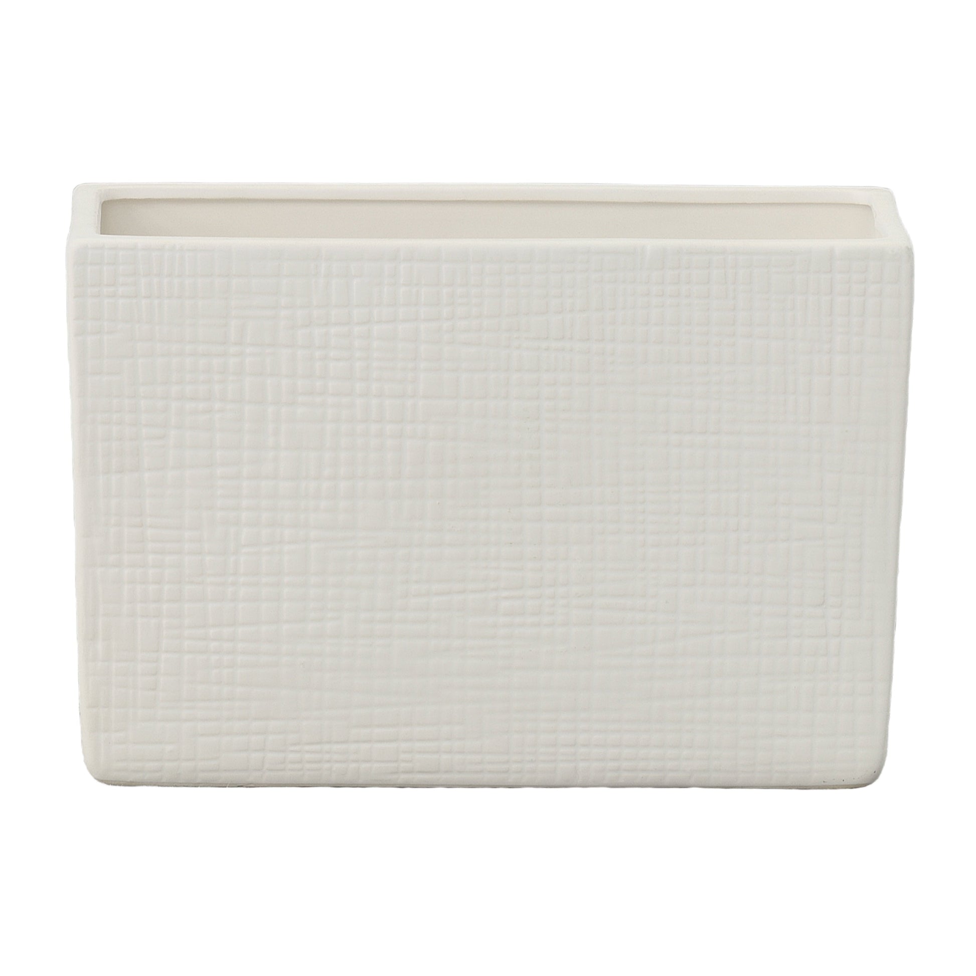 A ceramic wide rectangle vase with a matte finish and embossed wavy pattern design in white color.