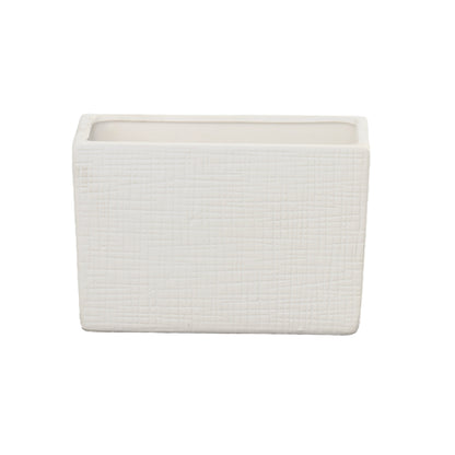 A ceramic wide rectangle vase with a matte finish and embossed wavy pattern design in white color.
