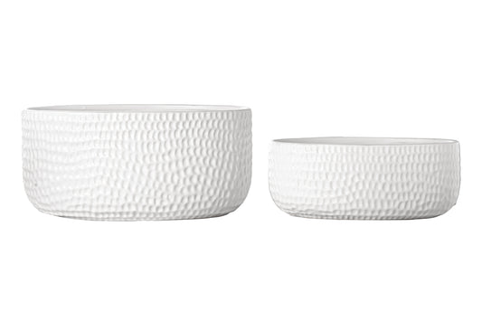 Ceramic Low Oval Wide Opening Pot with Embossed Symmetric Pattern Design Body Set of Two Matte Finish