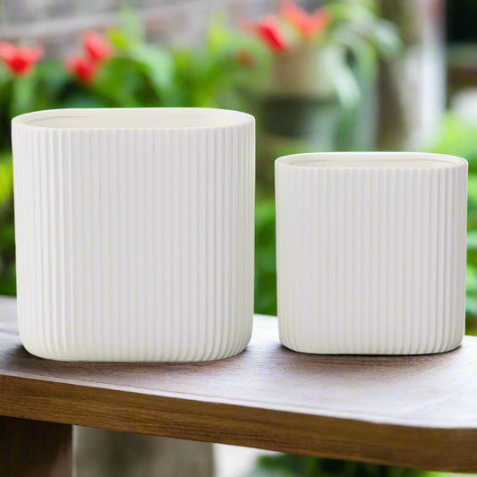 Remi Corrugated Column Ceramic Oval Planter Set (Set of 2)