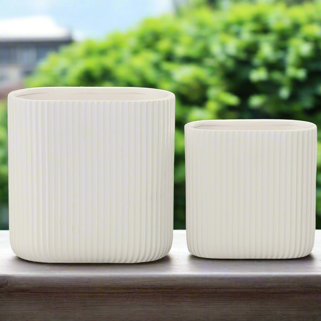 Remi Corrugated Column Ceramic Oval Planter Set (Set of 2)