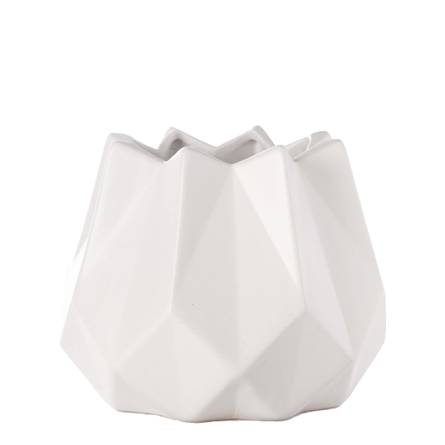 Ceramic round pot with a matte white finish, featuring a geometric sloping design.