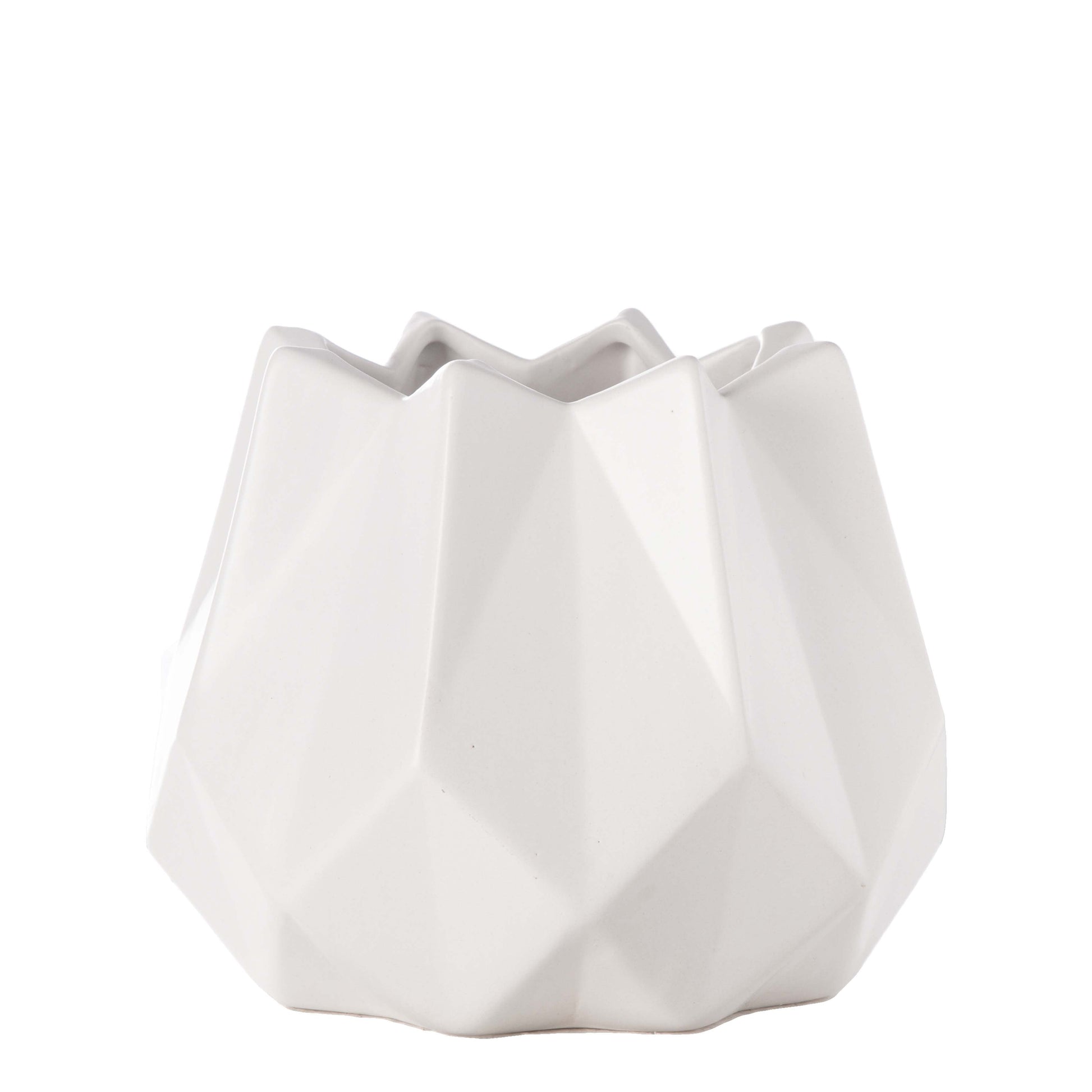 Ceramic round pot with a matte white finish, featuring a geometric sloping design.