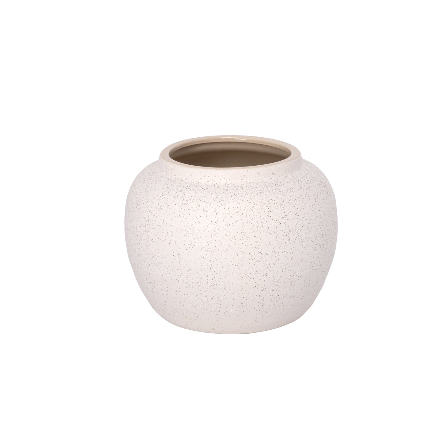 A white stoneware pot suitable for use as a vase.