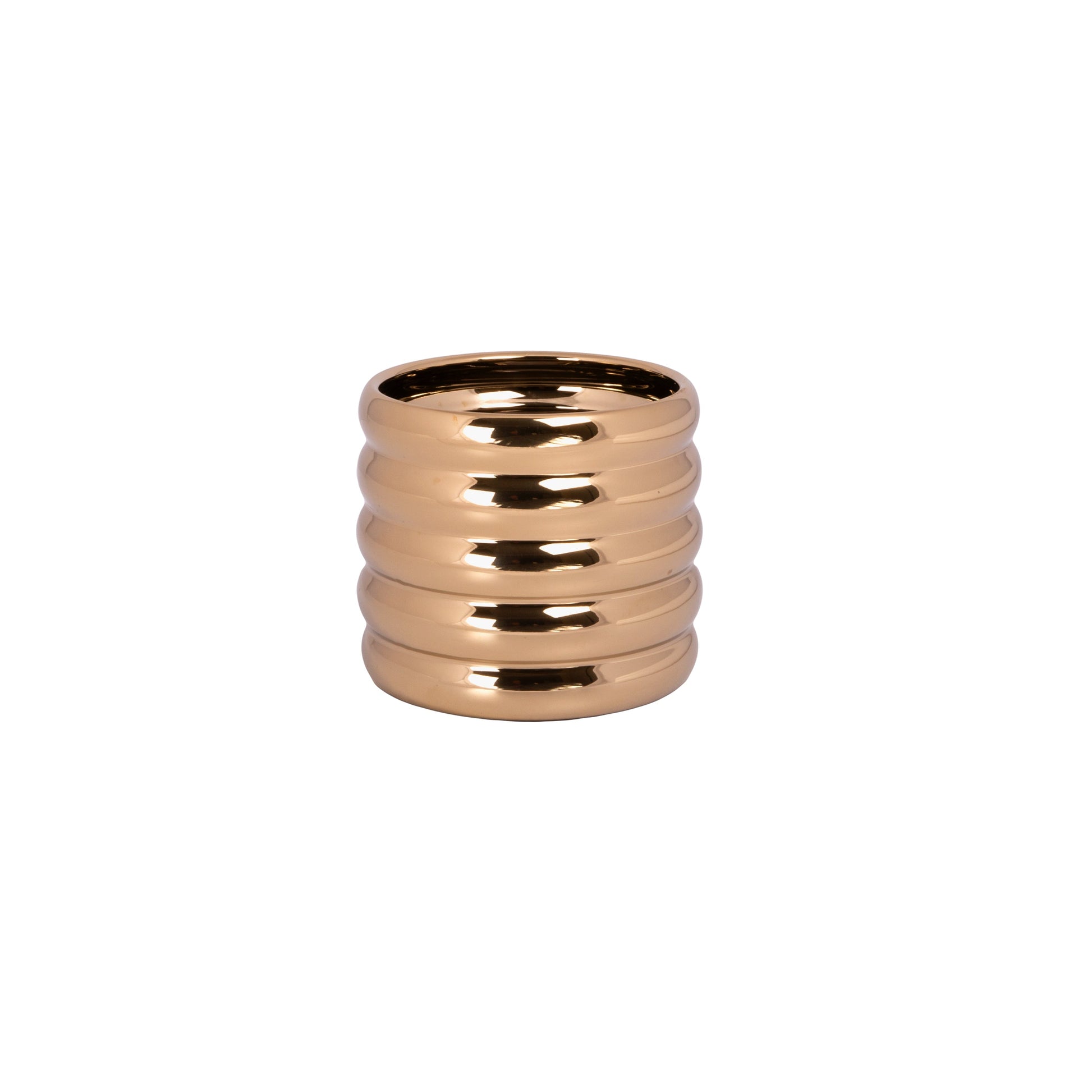 A cylindrical stoneware ceramic ring pot with a glossy gold finish.