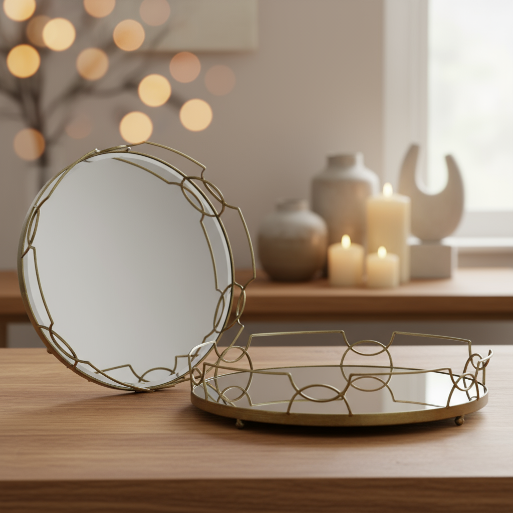 Jacinta Metal Tray Set with Mirror Surface and Handles (Set of 2)