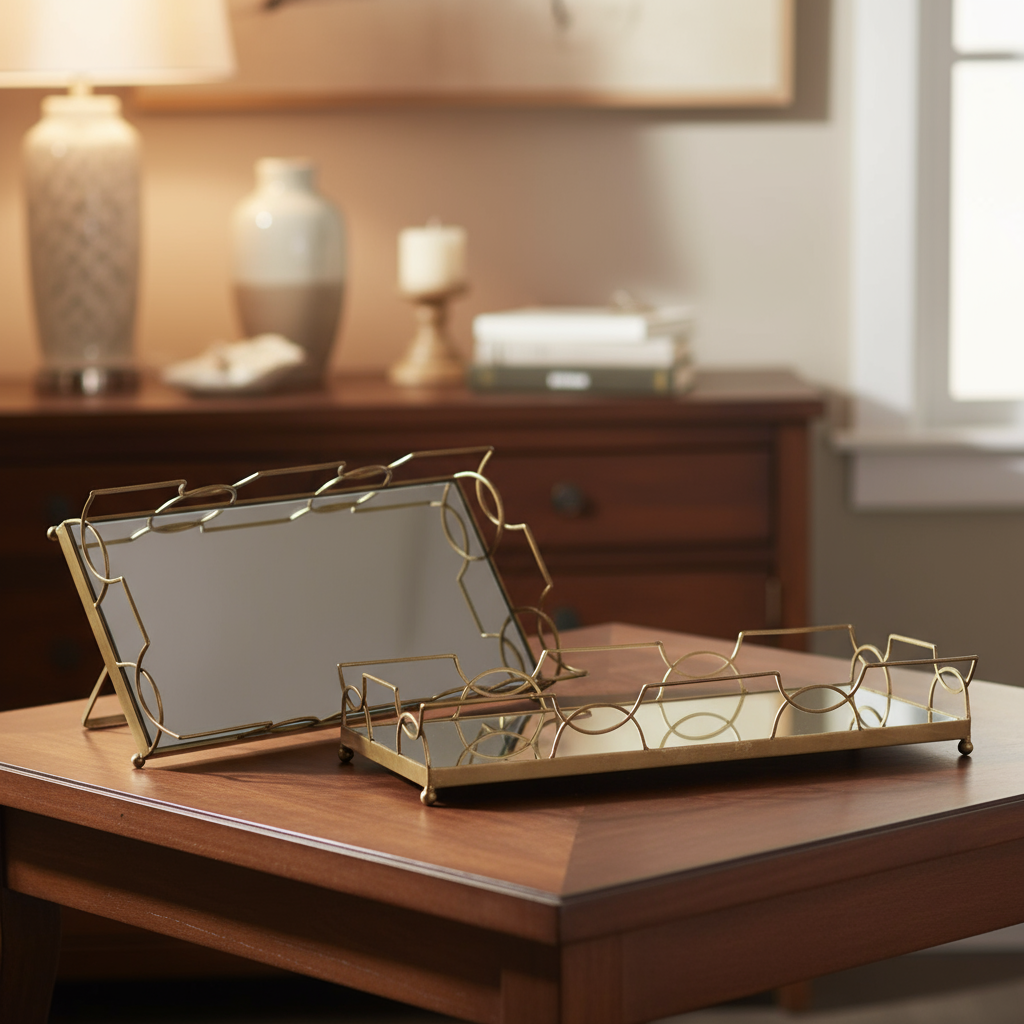 Jacinta Metal Tray Set with Mirror Surface and Handles (Set of 2)