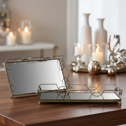Jacinta Metal Tray Set with Mirror Surface and Handles (Set of 2)