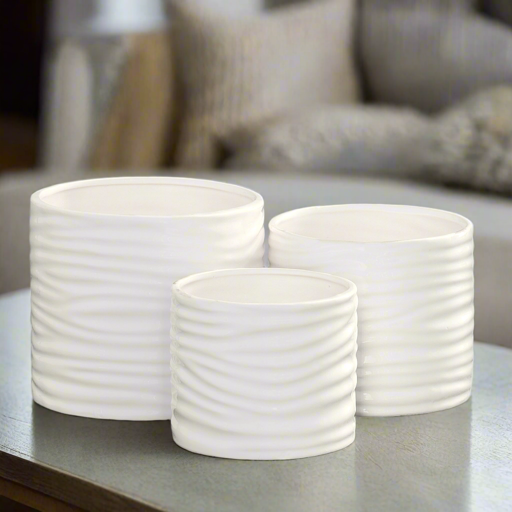 Textured Ribbed Ceramic Pot Rhesia Gloss Ribbed Ceramic Pot (Set of 3) – Dwvases