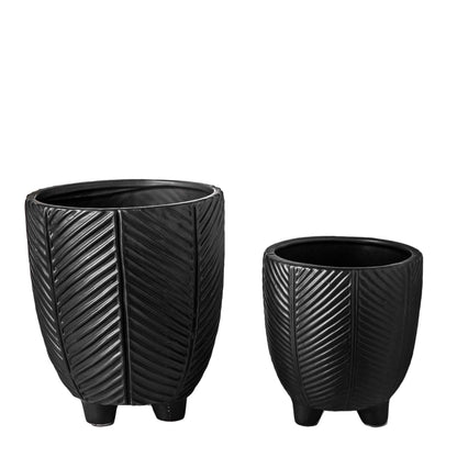 Kavrine Ceramic Round Pot with Embossed Chevron Stripe Design and Stand (Set of 2)