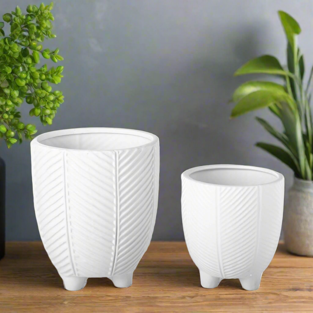 Kavrine Ceramic Round Pot with Embossed Chevron Stripe Design and Stand (Set of 2)