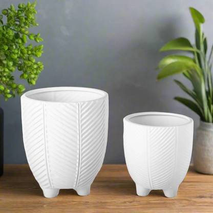 Kavrine Ceramic Round Pot with Embossed Chevron Stripe Design and Stand (Set of 2)