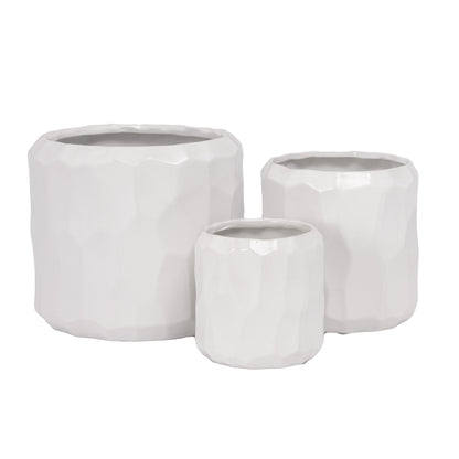 Vara Embossed White Ceramic Pot Set (Set of 3)