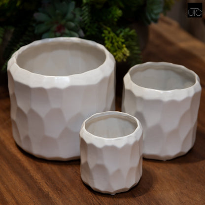 Vara Embossed White Ceramic Pot Set (Set of 3)