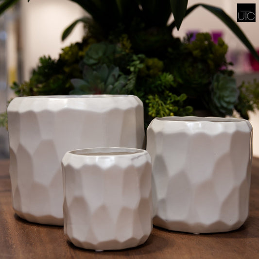 Vara Embossed White Ceramic Pot Set (Set of 3)
