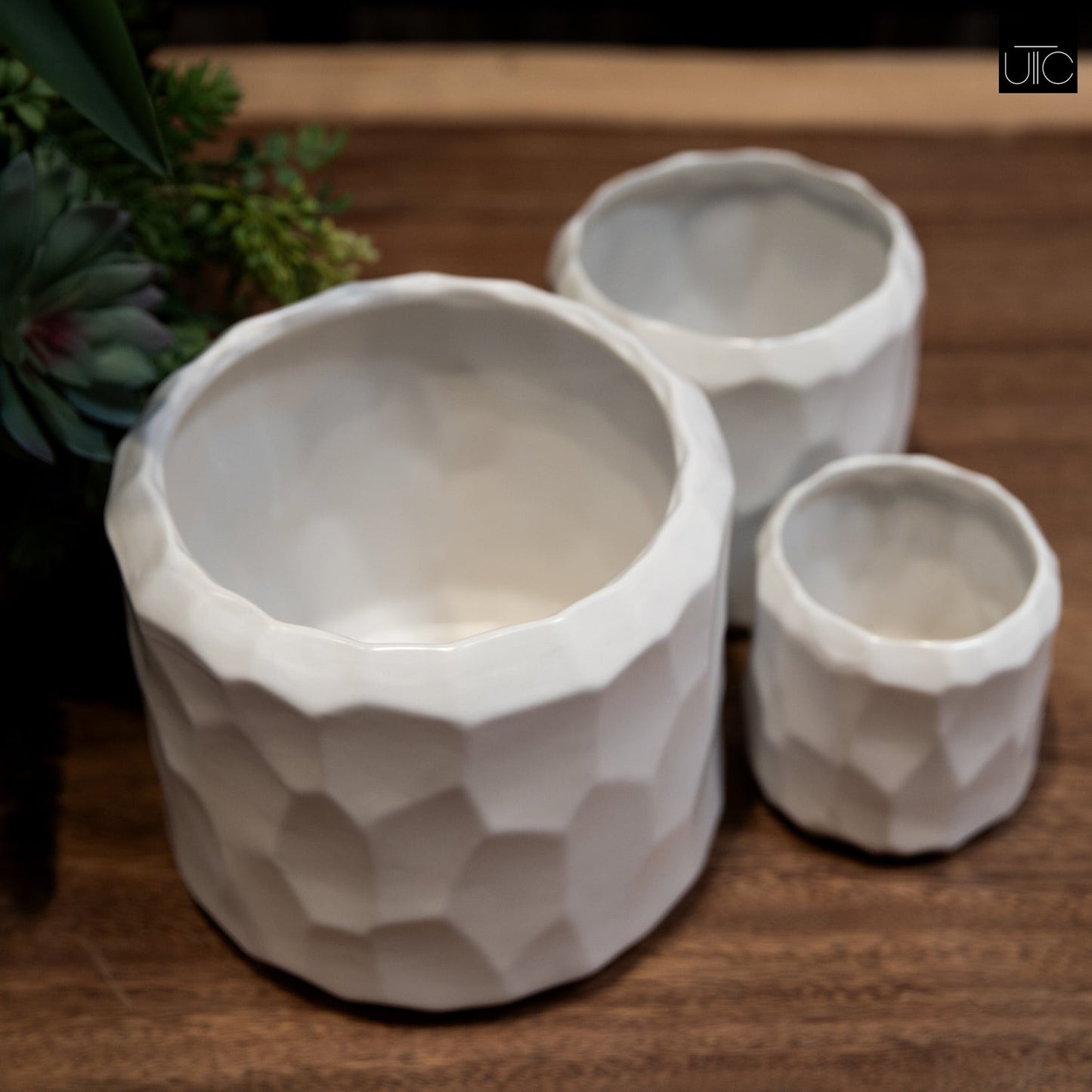 Vara Embossed White Ceramic Pot Set (Set of 3)