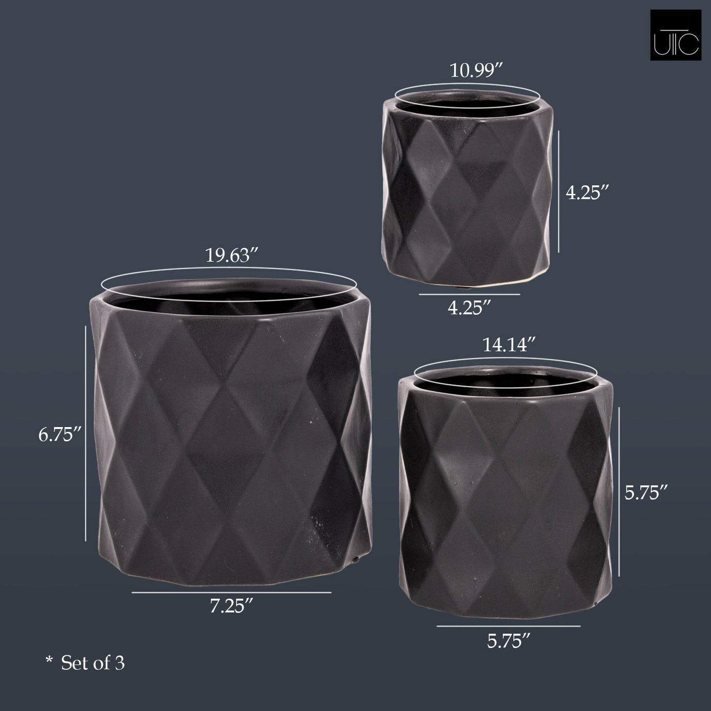 Dagen Diamond Embossed Ceramic Pot Set (Set of 3)