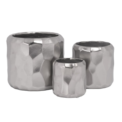 Vara Embossed White Ceramic Pot Set (Set of 3)