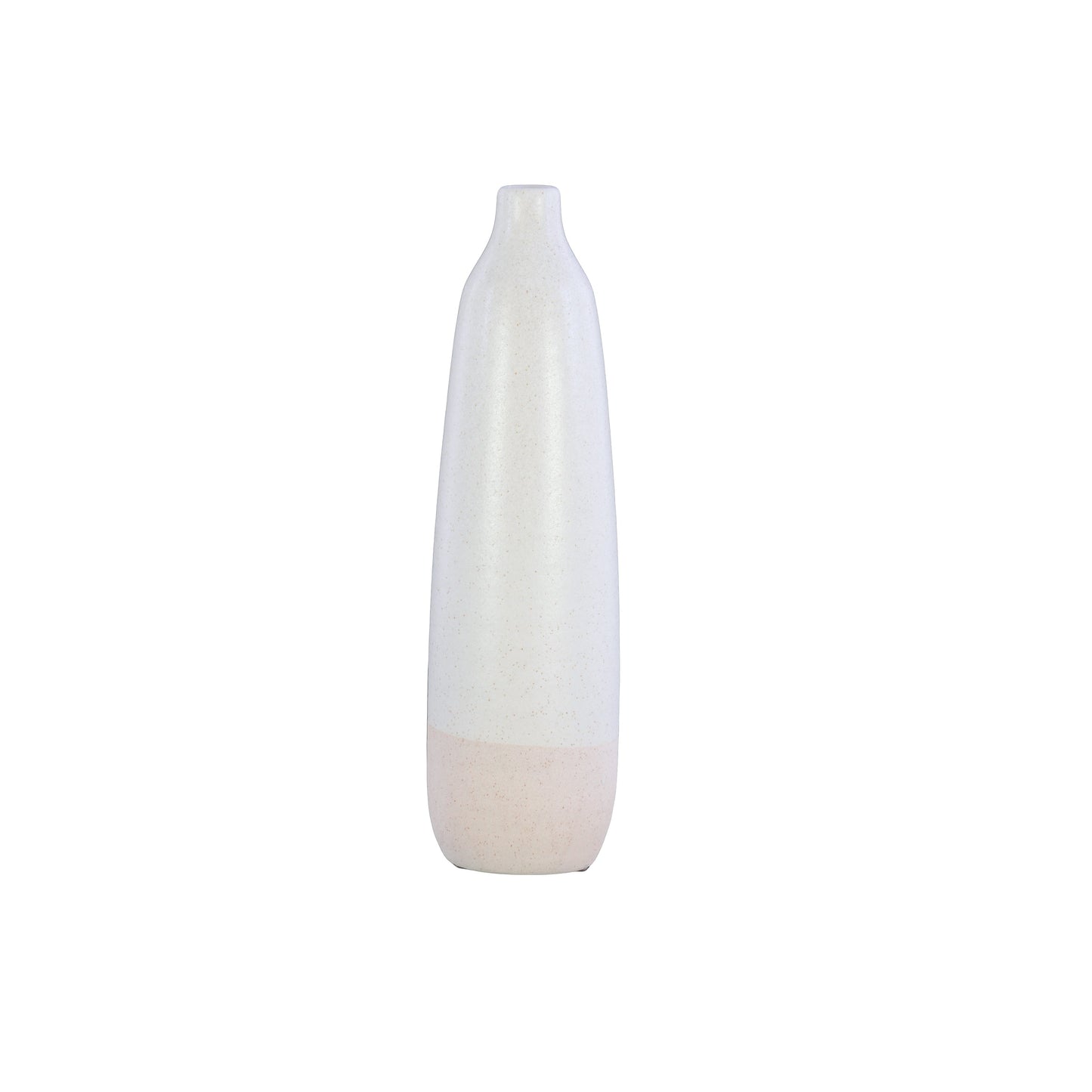 A white ceramic vase with a rough finish and a narrow mouth, short neck, and cream banded rim bottom.