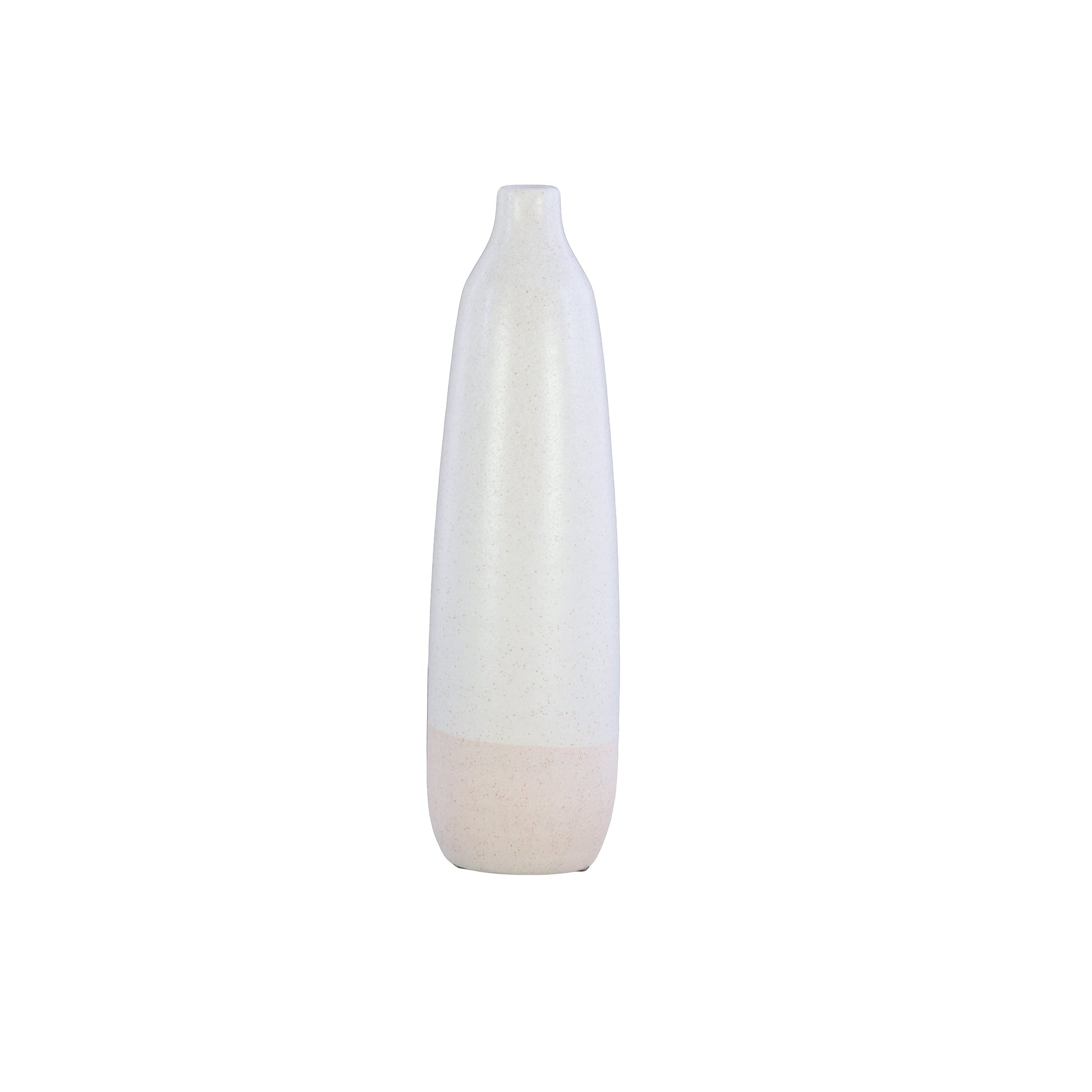 A white ceramic vase with a rough finish and a narrow mouth, short neck, and cream banded rim bottom.
