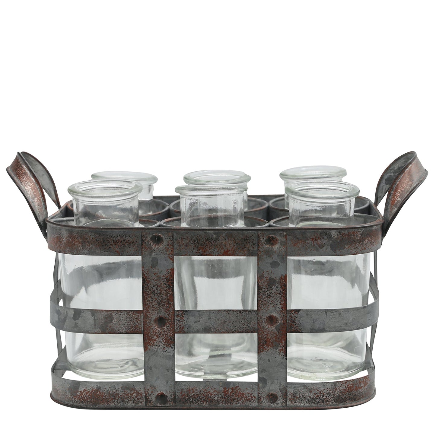 Metal tray with six clear glass jars on a white background