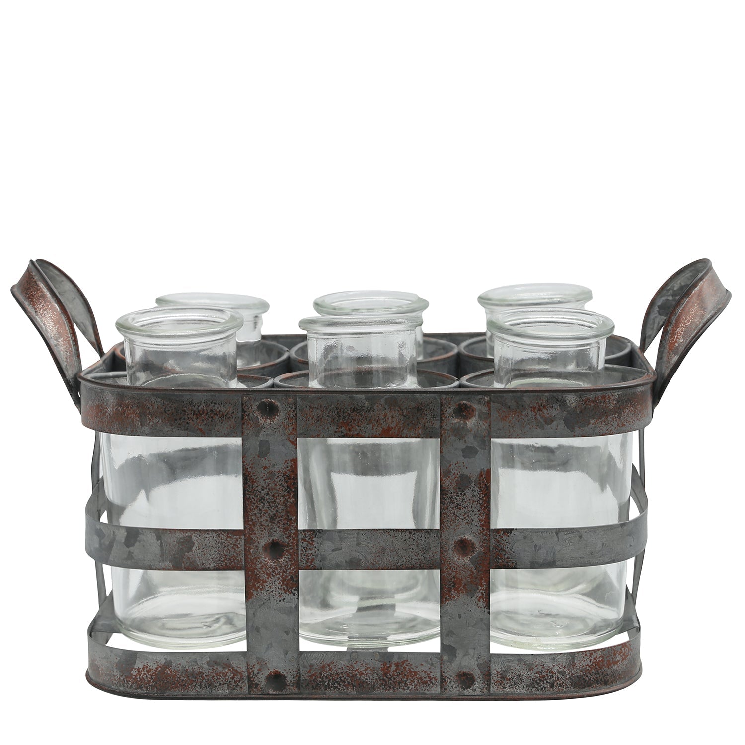 Metal tray with six clear glass jars on a white background