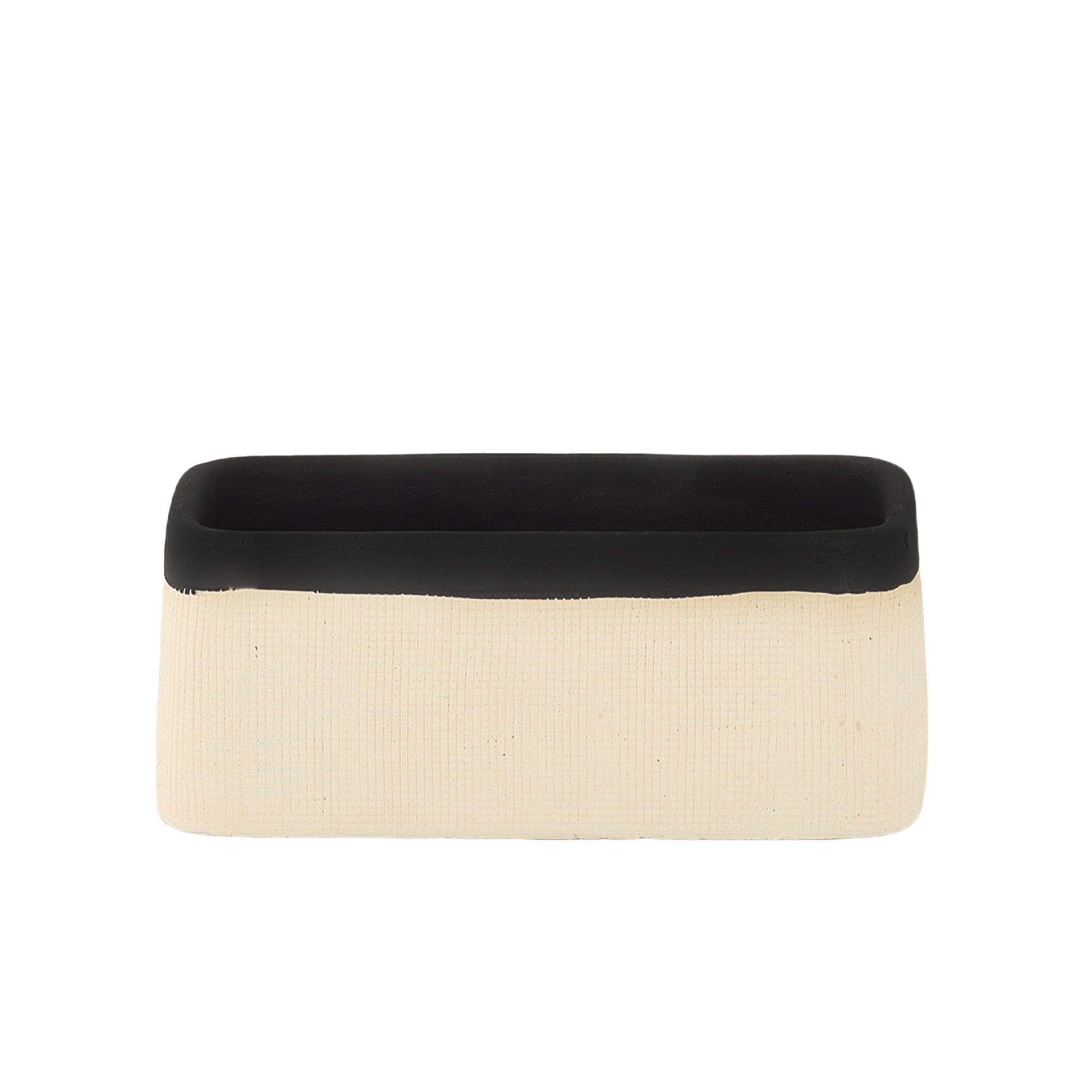 Cement rectangle pot with a smooth banded rim and embossed thin lattice design, featuring a painted finish in white color.