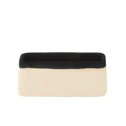 Cement rectangle pot with a smooth banded rim and embossed thin lattice design, featuring a painted finish in white color.