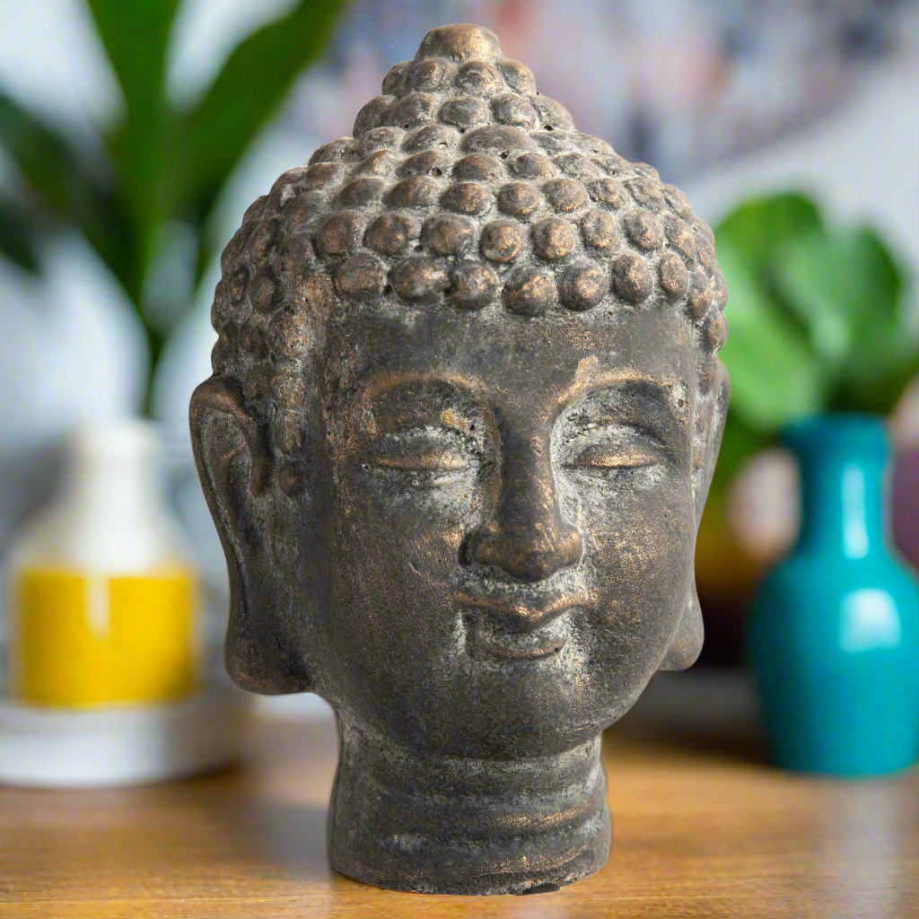 Coral Cement Buddha Head Figurine with Round Ushnisha Head
