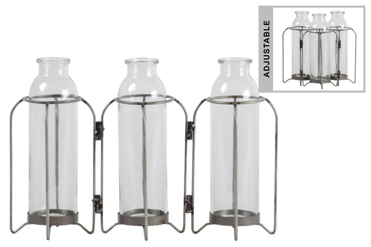 Metal Hinged Vase Holder Distressed Finish Silver..9.00"x3.00"x8.25"H