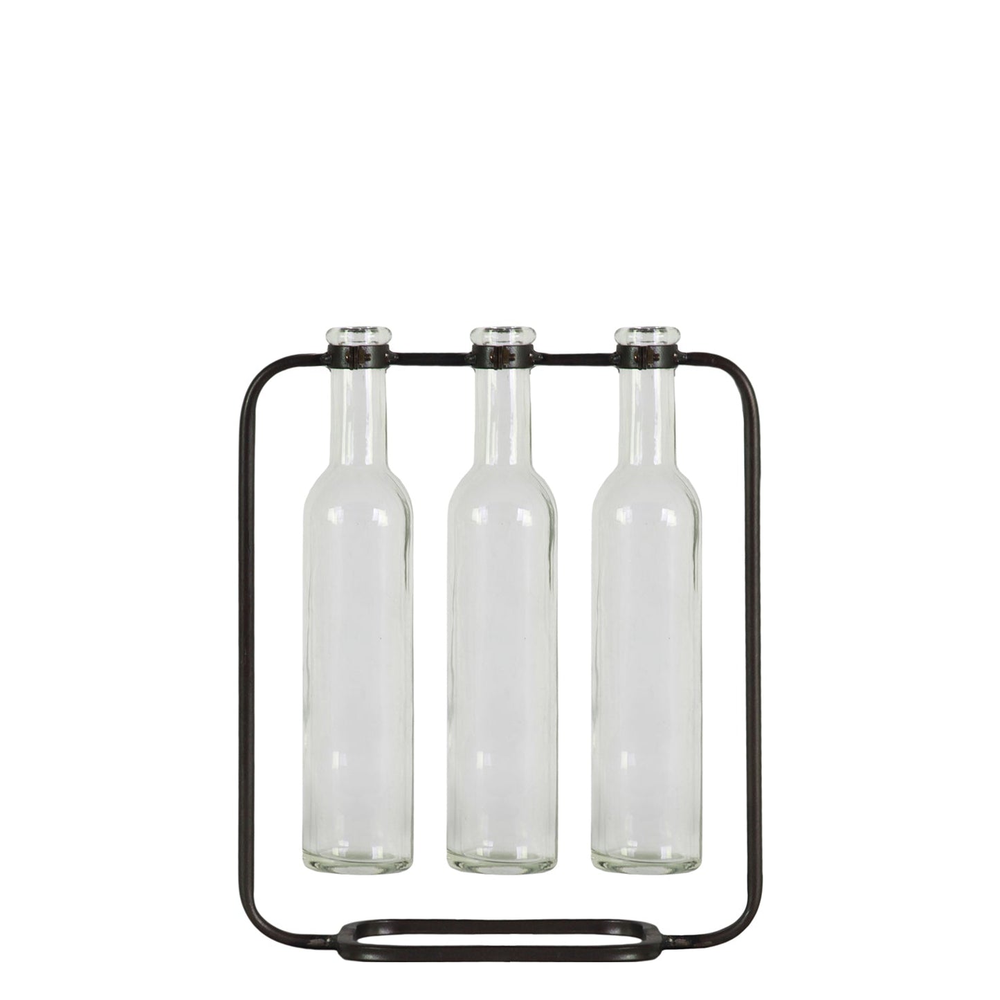 Black metal bottle holder with three clear bottles on a white background