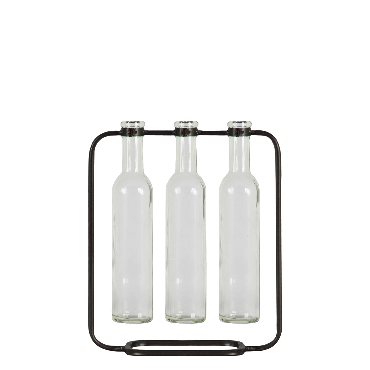 Black metal bottle holder with three clear bottles on a white background