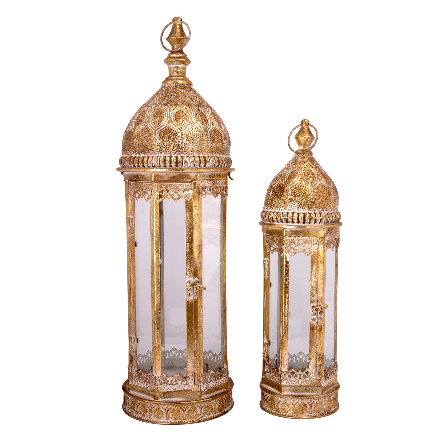 Two cylindrical metal lanterns with white and gold coloring, featuring glass panels and decorative elements.